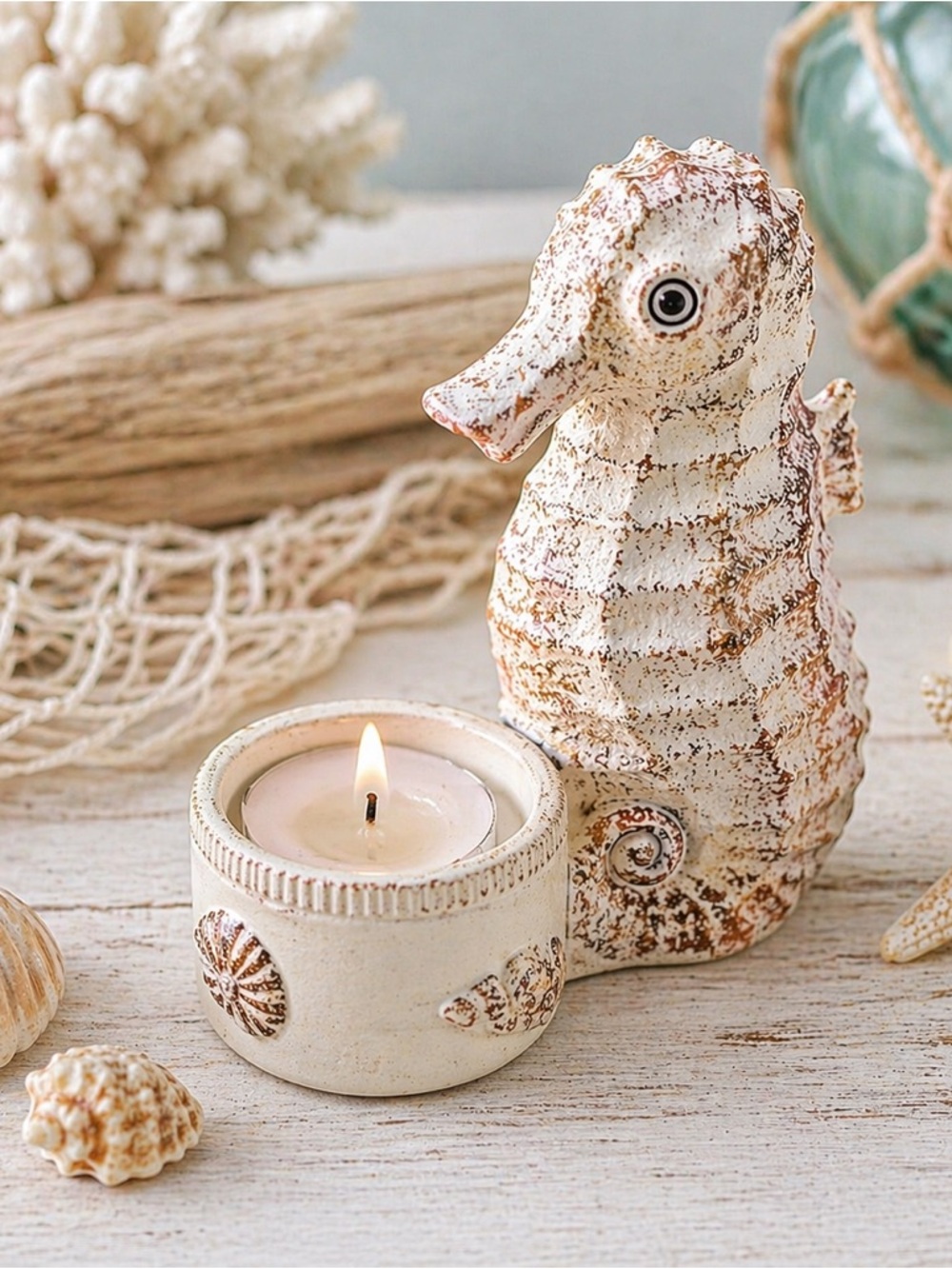 Coastal Seahorse Tealight Candle Holder Ceramic Beach Cottage Decor New